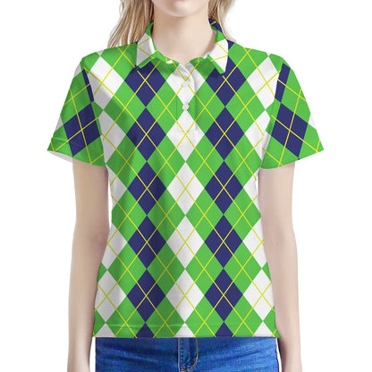 White Green And Navy Argyle Print Women's Polo Shirt