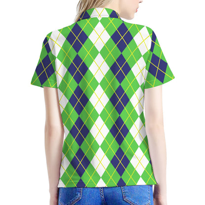 White Green And Navy Argyle Print Women's Polo Shirt