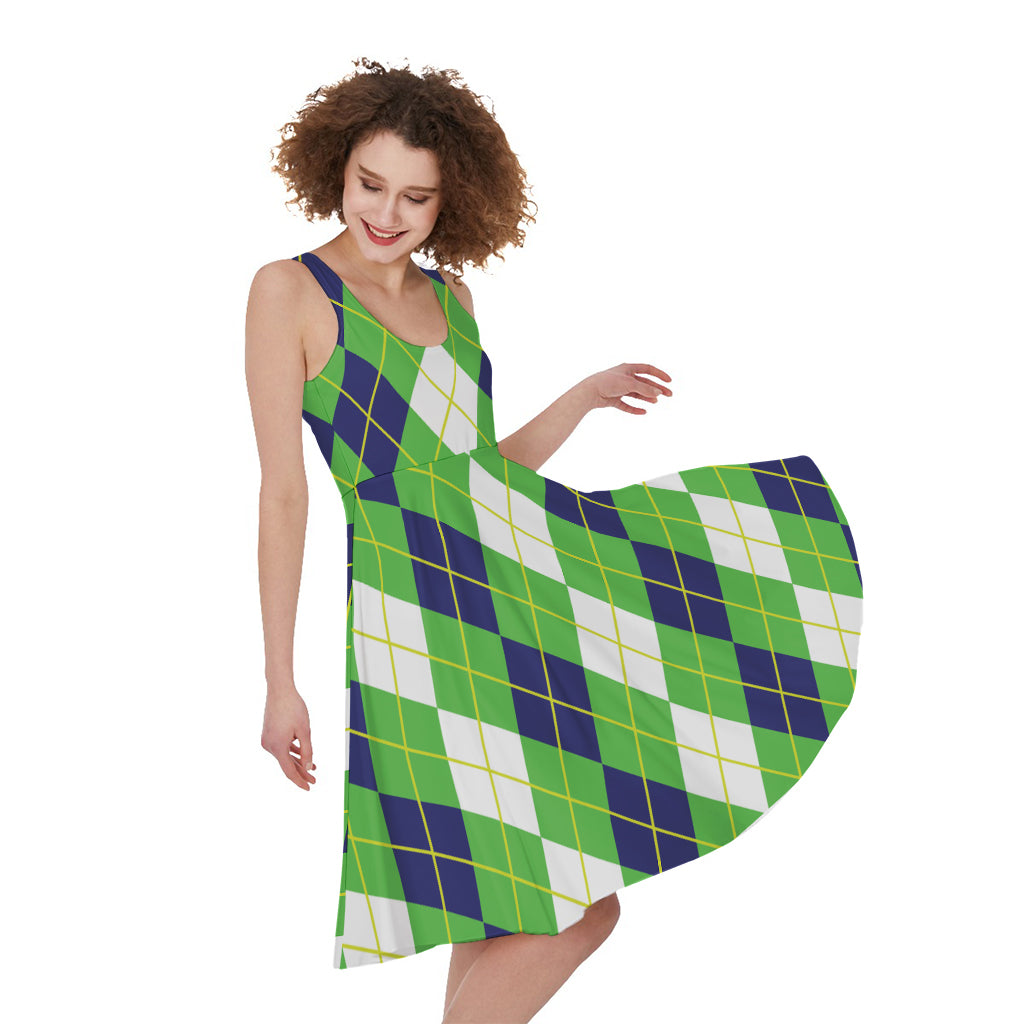 White Green And Navy Argyle Print Women's Sleeveless Dress