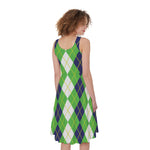White Green And Navy Argyle Print Women's Sleeveless Dress