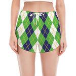 White Green And Navy Argyle Print Women's Split Running Shorts