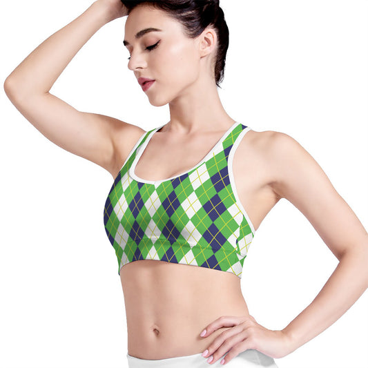 White Green And Navy Argyle Print Women's Sports Bra