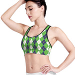 White Green And Navy Argyle Print Women's Sports Bra
