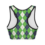 White Green And Navy Argyle Print Women's Sports Bra