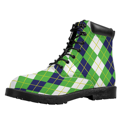 White Green And Navy Argyle Print Work Boots