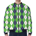 White Green And Navy Argyle Print Zip Sleeve Bomber Jacket