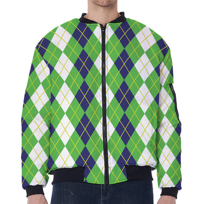 White Green And Navy Argyle Print Zip Sleeve Bomber Jacket