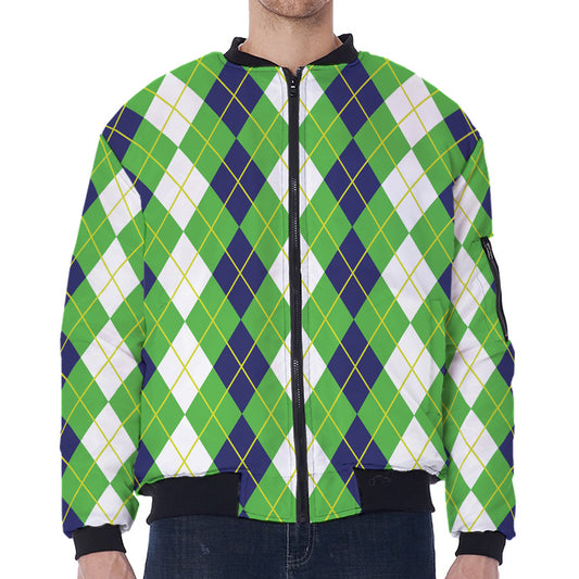 White Green And Navy Argyle Print Zip Sleeve Bomber Jacket