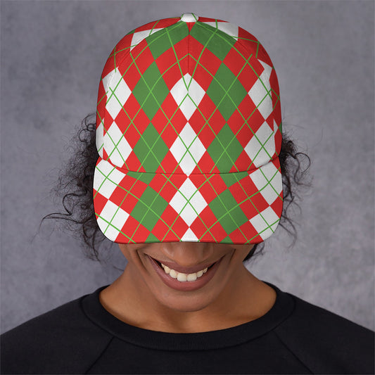 White Green And Red Argyle Pattern Print Baseball Cap