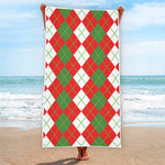 White Green And Red Argyle Pattern Print Beach Towel