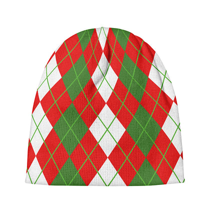 White Green And Red Argyle Pattern Print Beanie