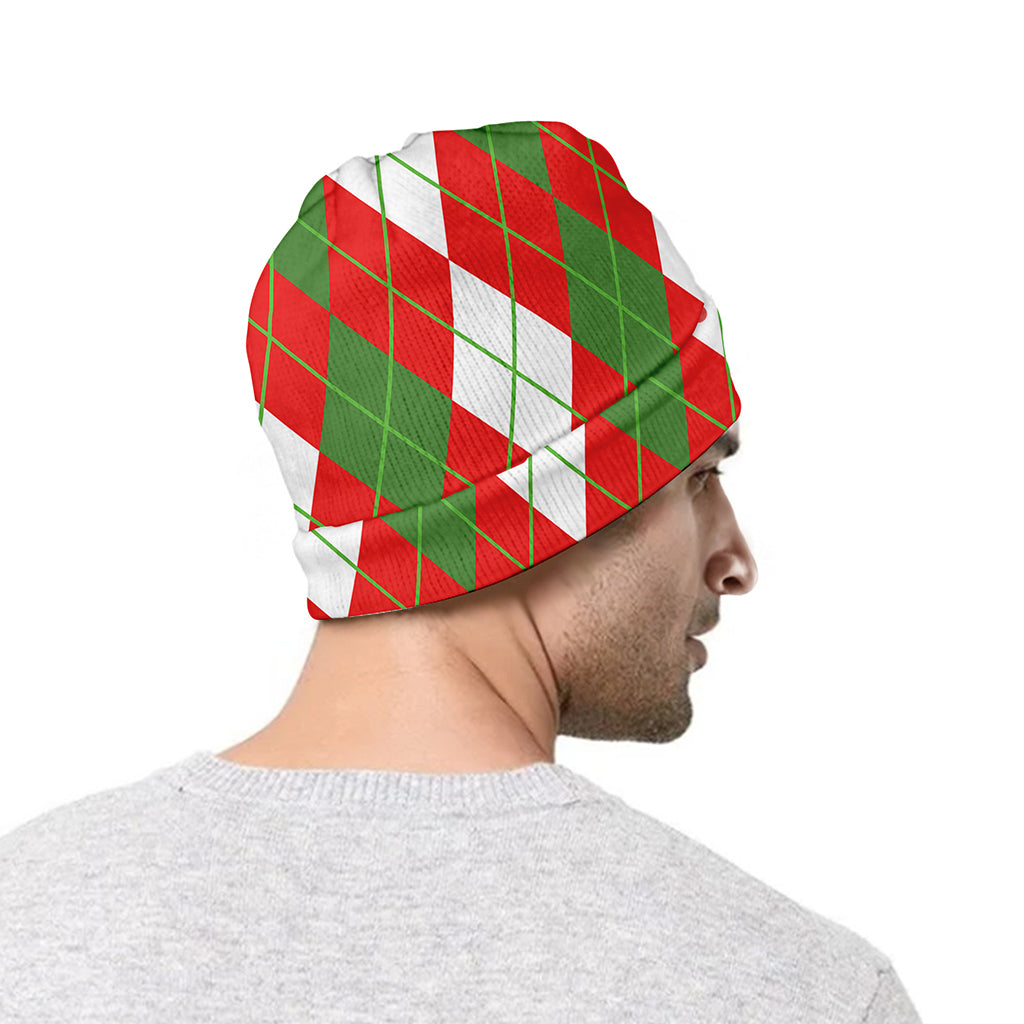 White Green And Red Argyle Pattern Print Beanie