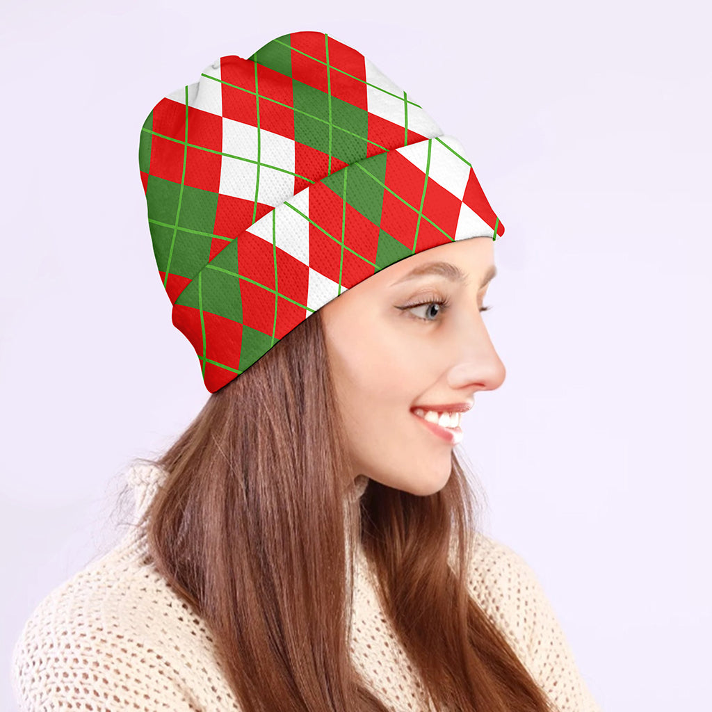 White Green And Red Argyle Pattern Print Beanie