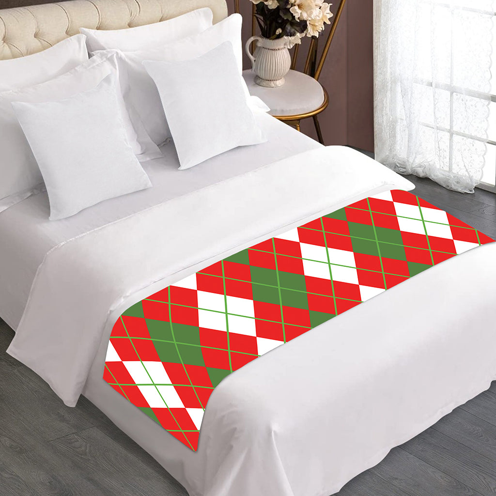 White Green And Red Argyle Pattern Print Bed Runner