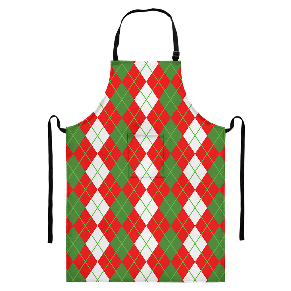 White Green And Red Argyle Pattern Print Bib Apron With Pocket