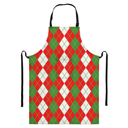 White Green And Red Argyle Pattern Print Bib Apron With Pocket
