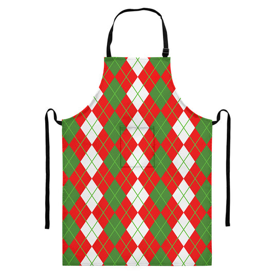 White Green And Red Argyle Pattern Print Bib Apron With Pocket