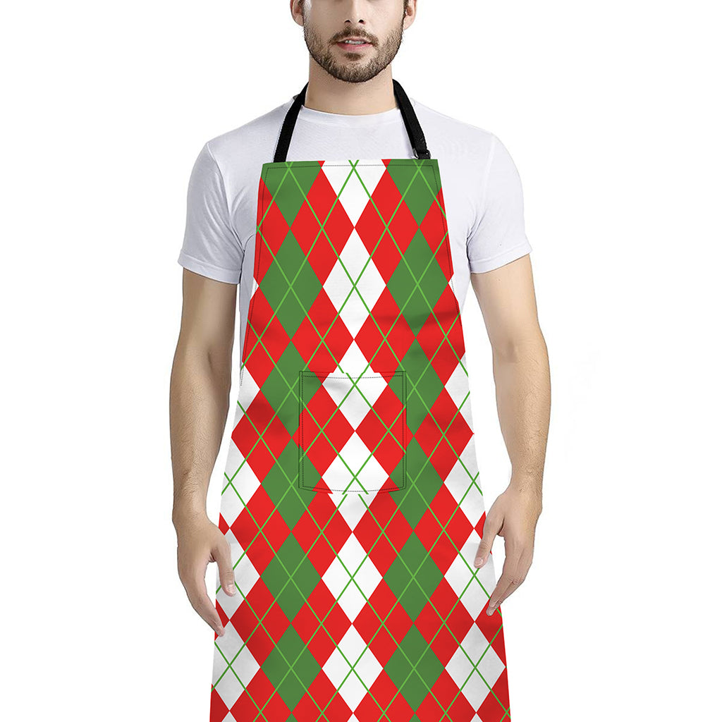 White Green And Red Argyle Pattern Print Bib Apron With Pocket
