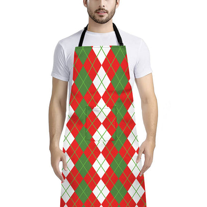 White Green And Red Argyle Pattern Print Bib Apron With Pocket