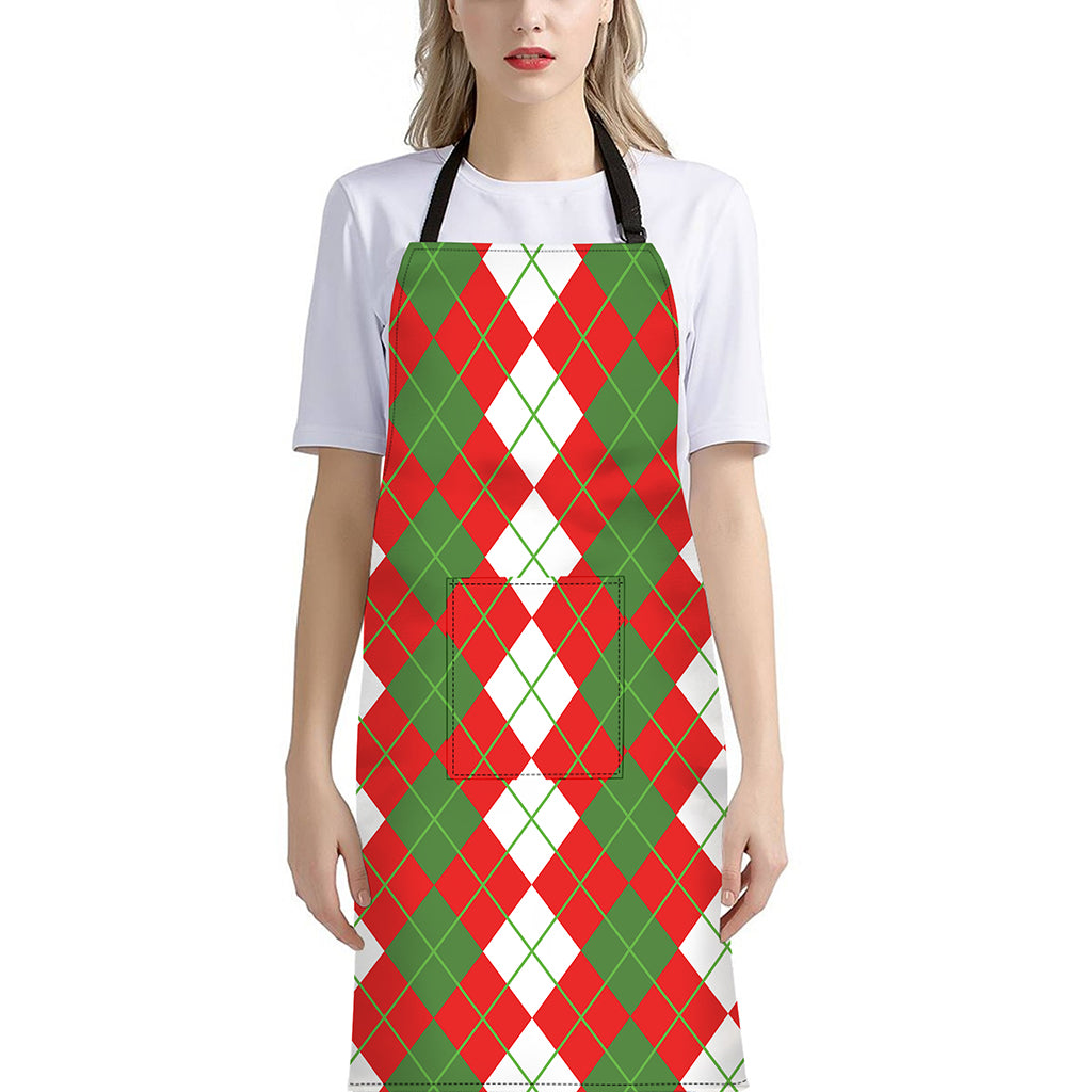 White Green And Red Argyle Pattern Print Bib Apron With Pocket