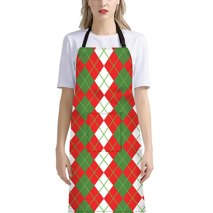 White Green And Red Argyle Pattern Print Bib Apron With Pocket