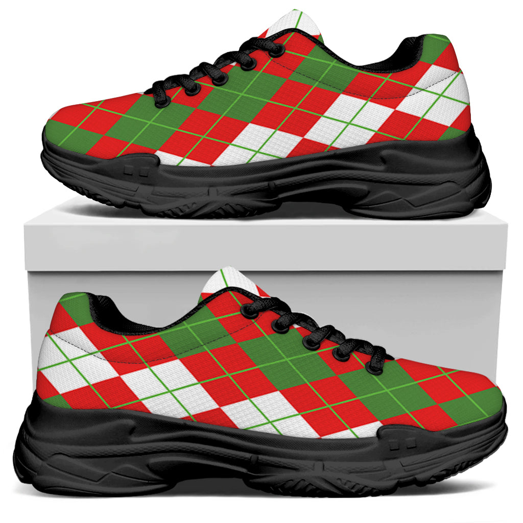 White Green And Red Argyle Pattern Print Black Chunky Shoes