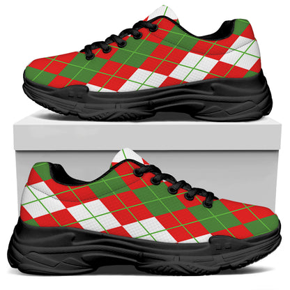 White Green And Red Argyle Pattern Print Black Chunky Shoes