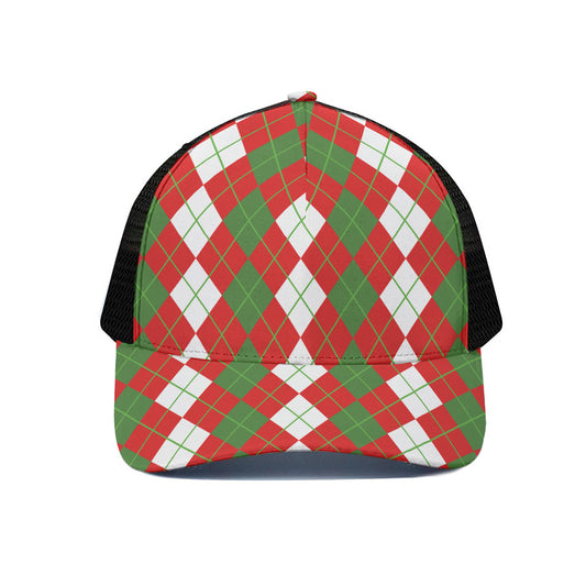 White Green And Red Argyle Pattern Print Black Mesh Trucker Cap