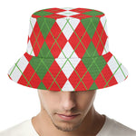 White Green And Red Argyle Pattern Print Bucket Hat