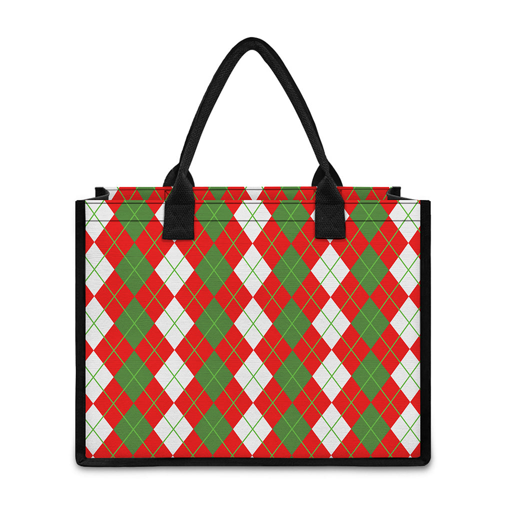 White Green And Red Argyle Pattern Print Canvas Tote Bag