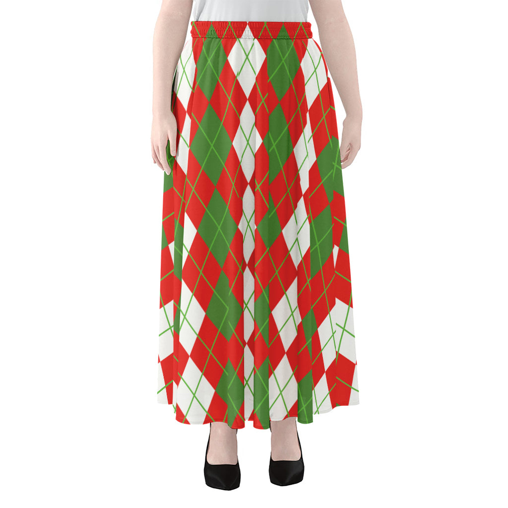 White Green And Red Argyle Pattern Print Chiffon Maxi Skirt