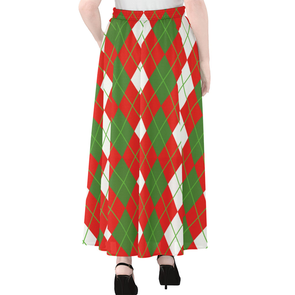 White Green And Red Argyle Pattern Print Chiffon Maxi Skirt