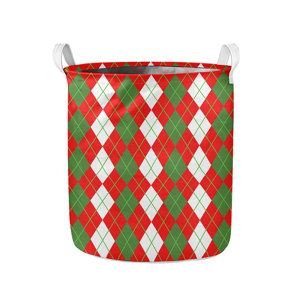 White Green And Red Argyle Pattern Print Collapsible Laundry Basket