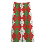 White Green And Red Argyle Pattern Print Cotton Front Slit Maxi Skirt