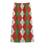 White Green And Red Argyle Pattern Print Cotton Front Slit Maxi Skirt
