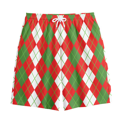 White Green And Red Argyle Pattern Print Cotton Shorts