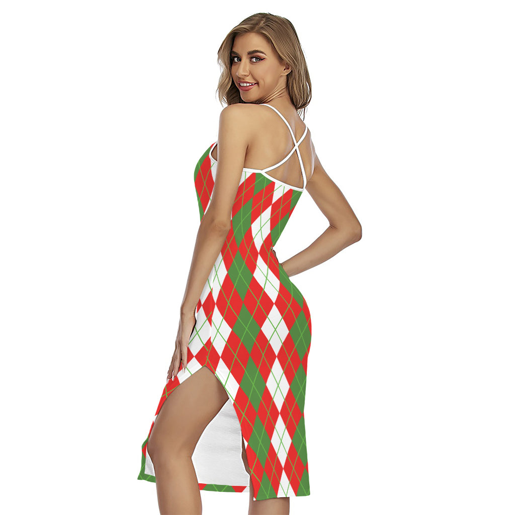 White Green And Red Argyle Pattern Print Cross Back Cami Dress