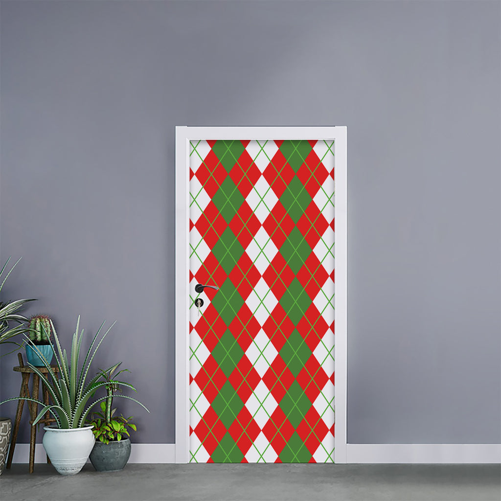 White Green And Red Argyle Pattern Print Door Sticker