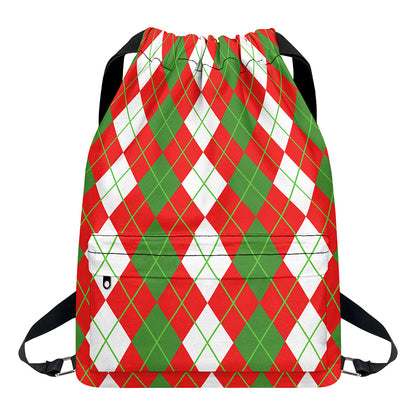 White Green And Red Argyle Pattern Print Drawstring Backpack