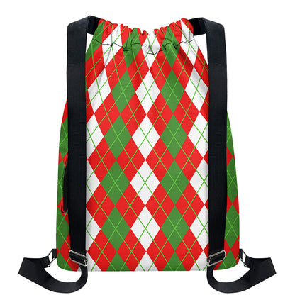 White Green And Red Argyle Pattern Print Drawstring Backpack