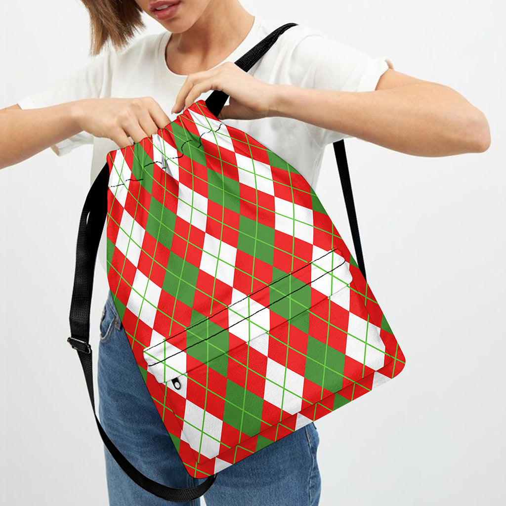 White Green And Red Argyle Pattern Print Drawstring Backpack