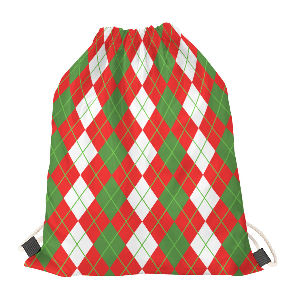White Green And Red Argyle Pattern Print Drawstring Bag