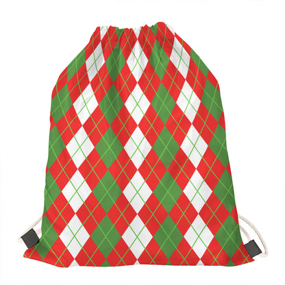 White Green And Red Argyle Pattern Print Drawstring Bag