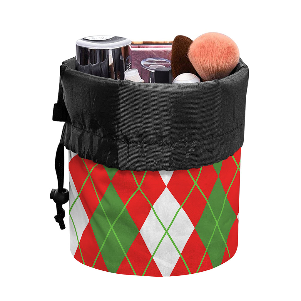 White Green And Red Argyle Pattern Print Drawstring Makeup Bag