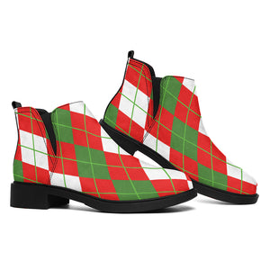 White Green And Red Argyle Pattern Print Flat Ankle Boots