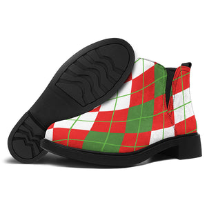 White Green And Red Argyle Pattern Print Flat Ankle Boots