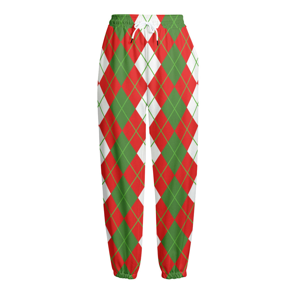White Green And Red Argyle Pattern Print Fleece Lined Knit Pants