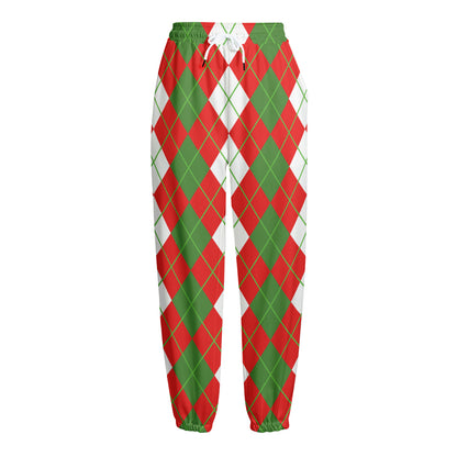 White Green And Red Argyle Pattern Print Fleece Lined Knit Pants