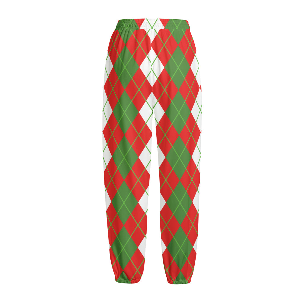 White Green And Red Argyle Pattern Print Fleece Lined Knit Pants