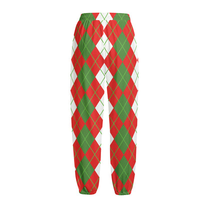 White Green And Red Argyle Pattern Print Fleece Lined Knit Pants